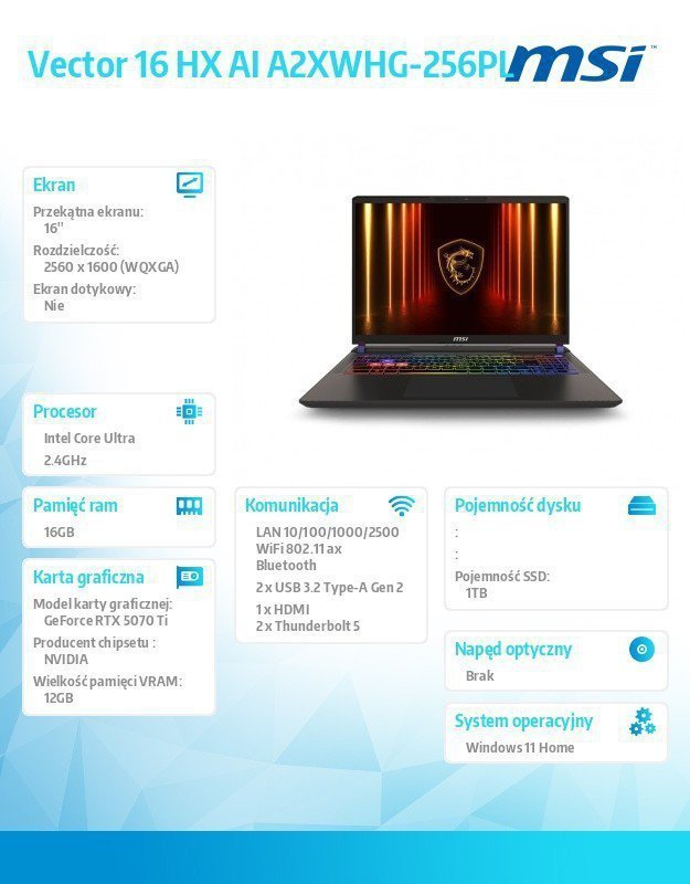 MSI Notebook Vector 16 AI A2XWHG-256PL W11H^ICU7 255^16GB^1TB^5070Ti^16