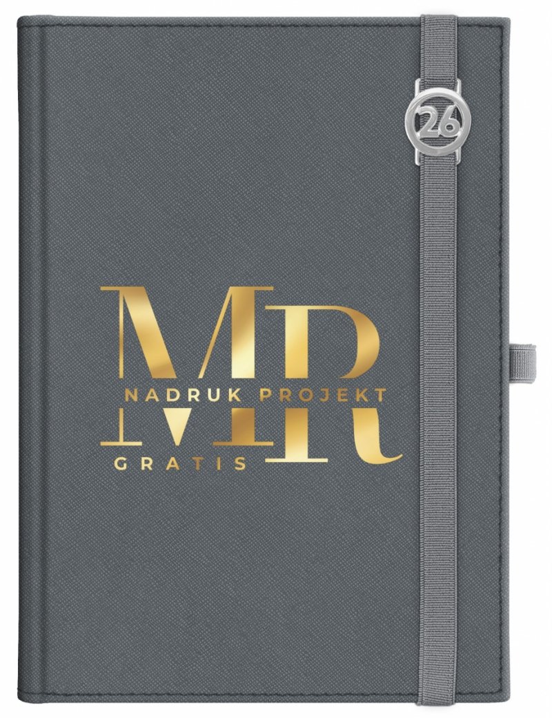 Kalendarz książkowy 2026 A5 dzienny papier chamois wycinane registry oprawa z zamykaniem na gumkę i mocowaniem na długopis ROSSA VIU szara  Z NADRUKIEM LOGO