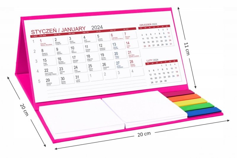 Wymiary kalendarza biurkowego MIDI 3-miesięcznego z notesami i znacznikami 