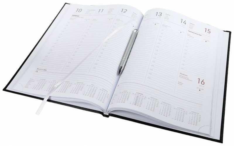 Kalendarz książkowy 2026 A4 tygodniowy papier biały drukowane registry oprawa ALUMINIUM szara Z NADRUKIEM LOGO