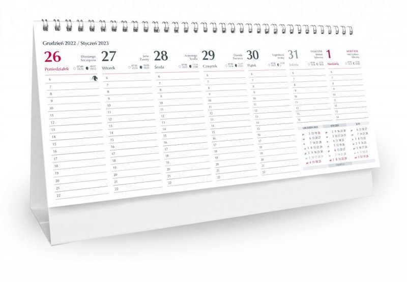 Kalendarz biurkowy stojący bordowy JESIENNY LAS 2023 - kalendarium tygodniowe