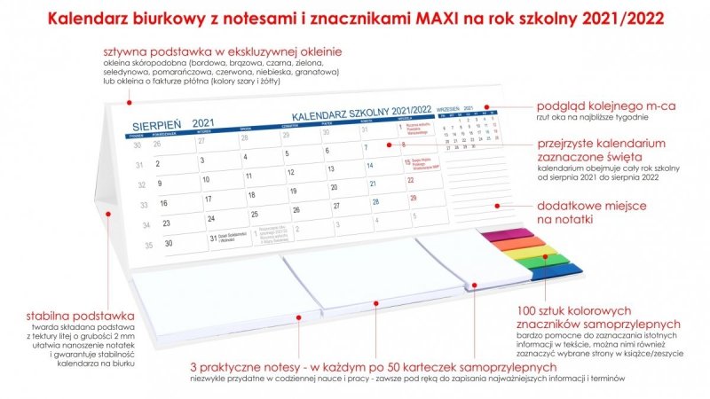 Kalendarz biurkowy z notesami i znacznikami MAXI na rok szkolny 2021/2022 biały