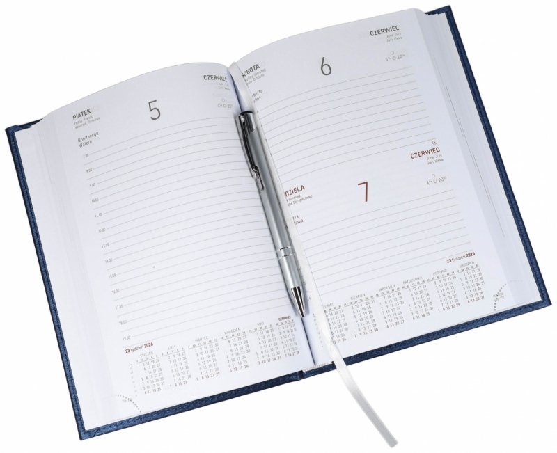 Kalendarz książkowy 2026 A5 dzienny papier biały drukowane registry oprawa ALUMINIUM szara