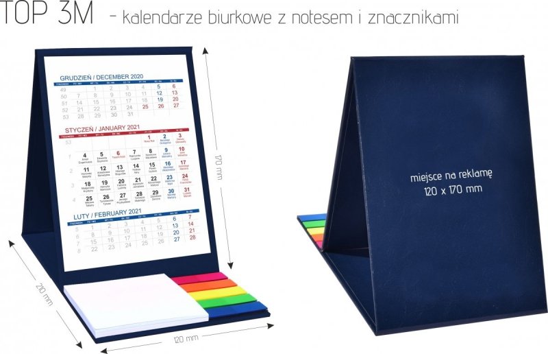 Wymiary kalendarza biurkowego z notesem i znacznikami TOP 3-miesięczny 2021 pomarańczowy