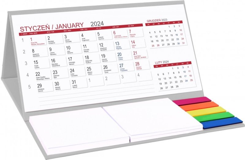 Kalendarz stojący na biurko z notesami i znacznikami 