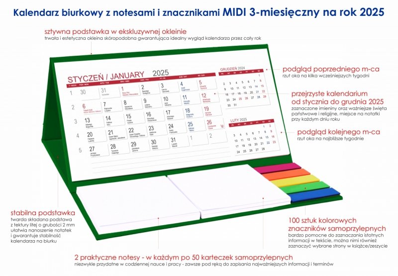 kalendarz biurkowy MIDI 3-miesięczny 2025 na twardej podstawce 
