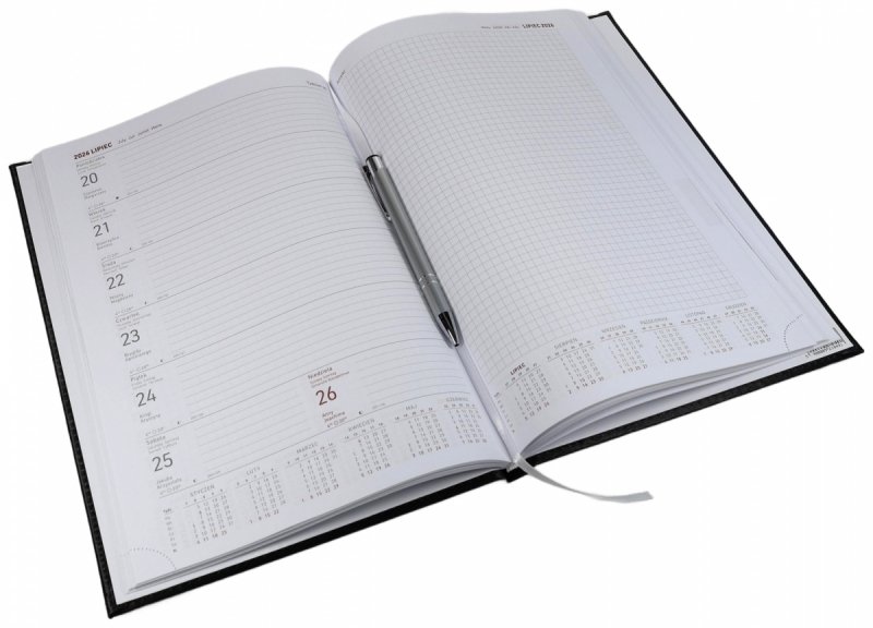 Kalendarz książkowy 2026 A4 TYGODNIOWY Z NOTESEM papier biały drukowane registry oprawa VIVELLA EXCLUSIVE czarna