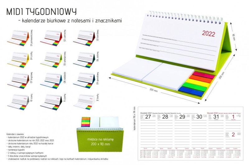 Kalendarz biurkowy z notesami i znacznikami MIDI TYGODNIOWY 2022 bordowy