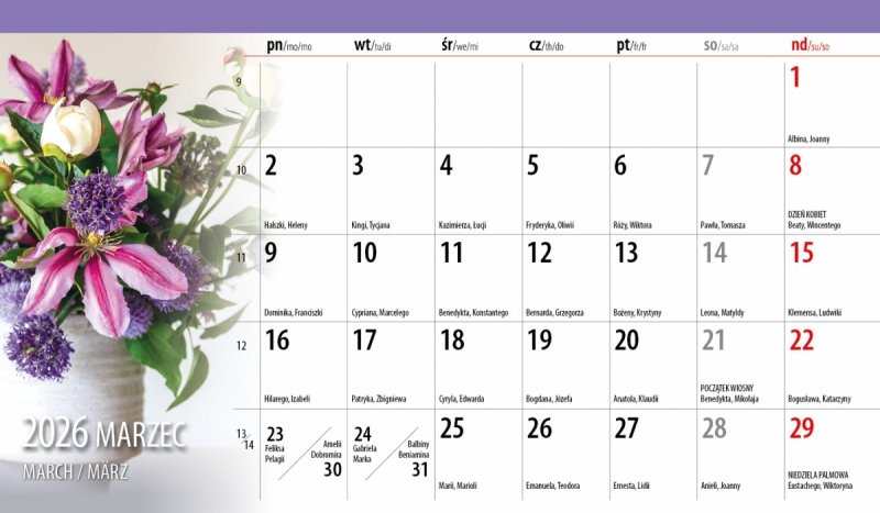 miesięczny kalendarz biurkowy na rok 2026