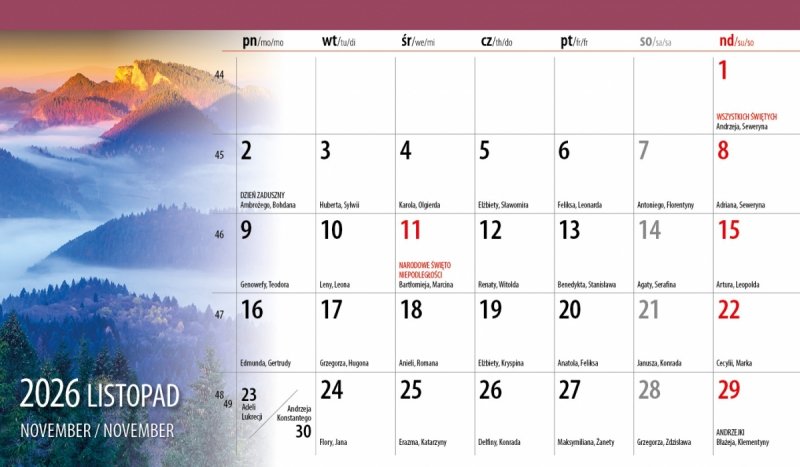 biurkowy kalendarz na rok 2026 