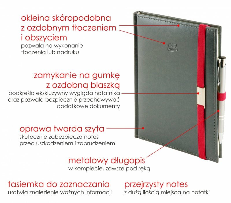 Notes A5 z długopisem w skóropodobnej okleinie z ozdobnym tłoczeniem 