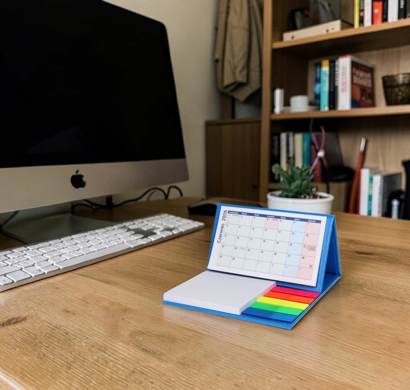 kalendarz do postawienia na biurku z notesami i znacznikami na rok szkolny 2026/2027
