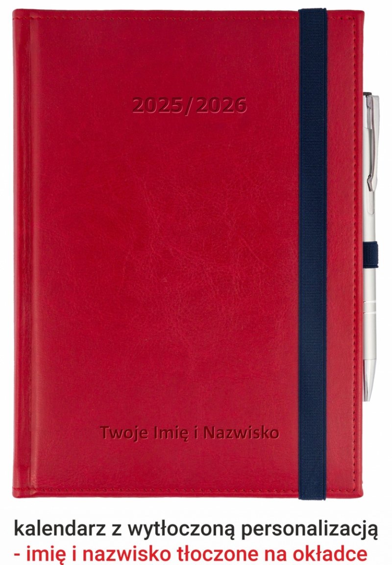 kalendarz książkowy na rok szkolny 2025/2026 zamykany na gumkę z tłoczoną personalizacją