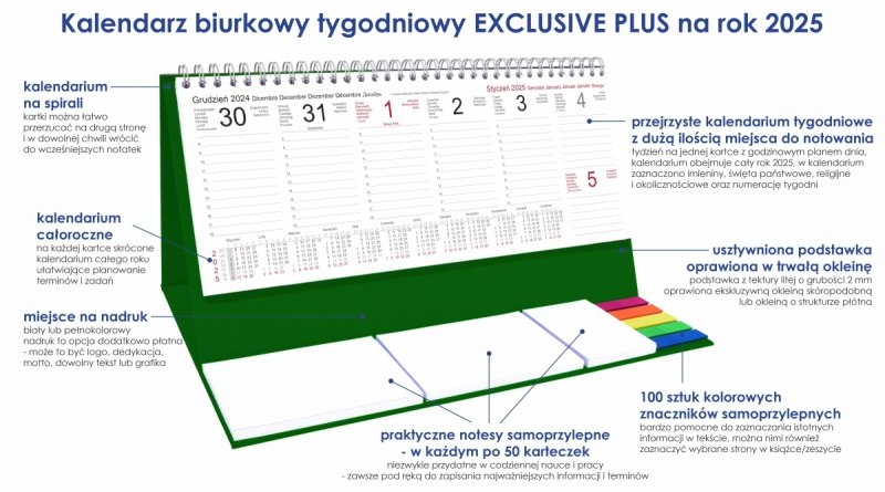 Kalendarz biurkowy stojący na podstawce - kalendarium tygodniowe na rok 2025