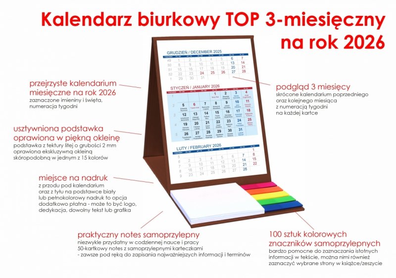 Kalendarz biurkowy z notesem i znacznikami TOP 3-miesięczny 2026 brązowy