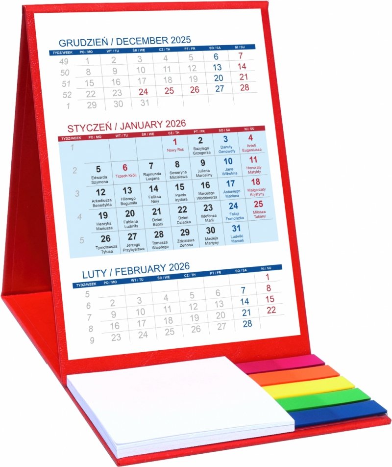Kalendarz biurkowy z notesem i znacznikami TOP 3-miesięczny 2026 czerwony