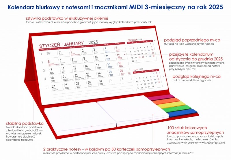 kalendarz biurkowy MIDI 3-miesięczny 2025 na twardej podstawce 