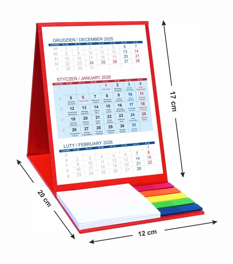 Kalendarz biurkowy z notesem i znacznikami TOP 3-miesięczny 2026 czerwony