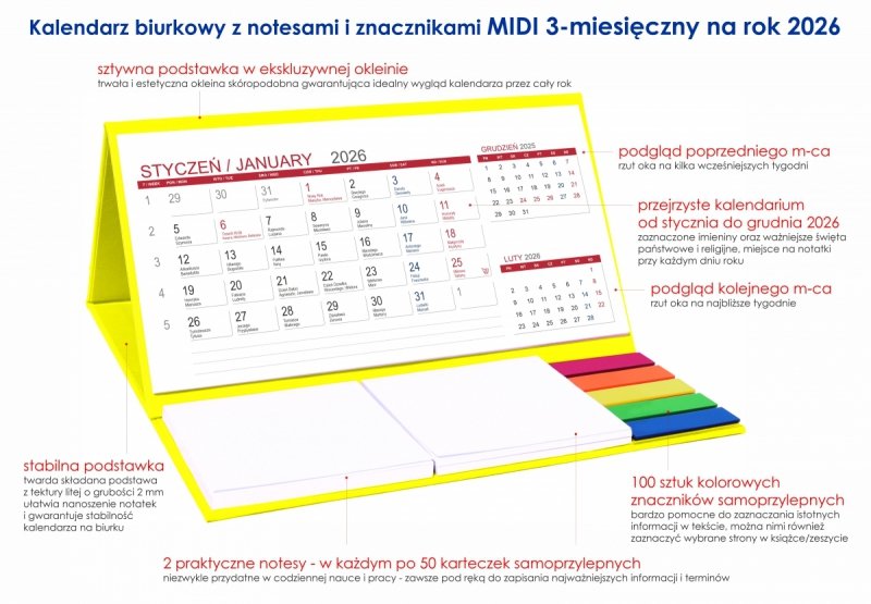 opis kalendarza MIDI 3-miesięczny na rok 2026 z notesami i znacznikami