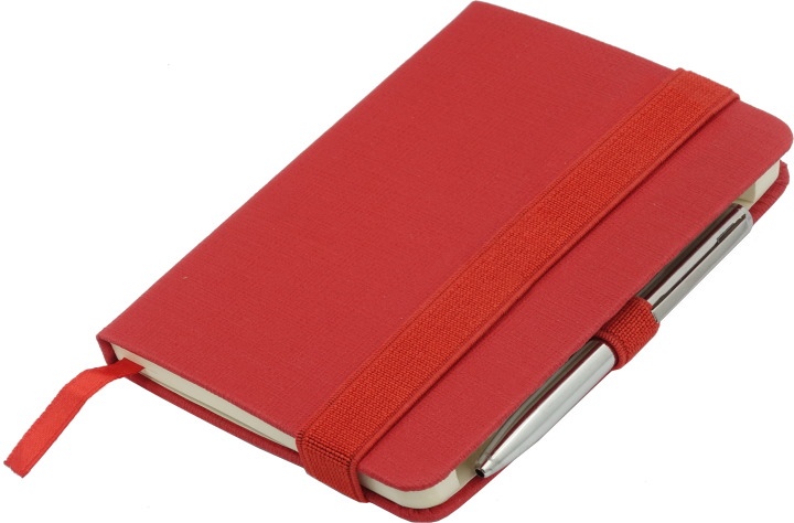 Notes A6 z długopisem zamykany na gumkę - papier chamois w linie oprawa EKOSKÓRA LINEN czerwona (gumka czerwona)