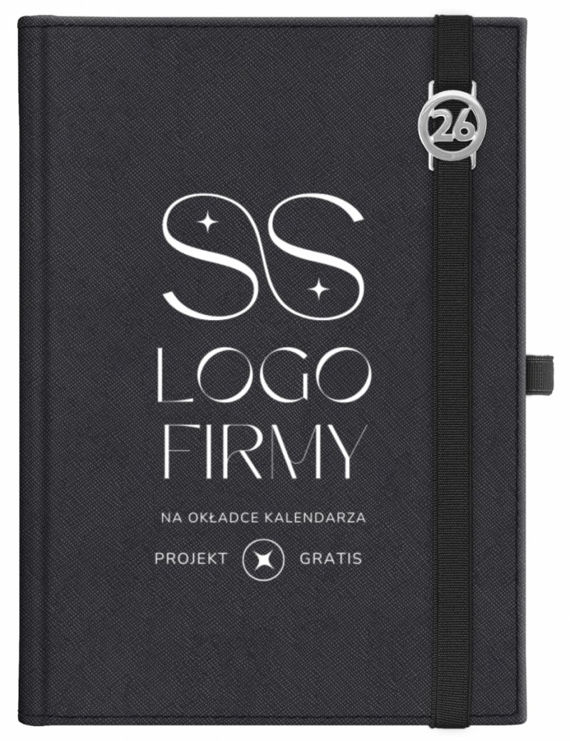 Kalendarz książkowy 2026 B5 dzienny papier chamois wycinane registry oprawa z zamykaniem na gumkę i mocowaniem na długopis ROSSA VIU czarna Z NADRUKIEM LOGO