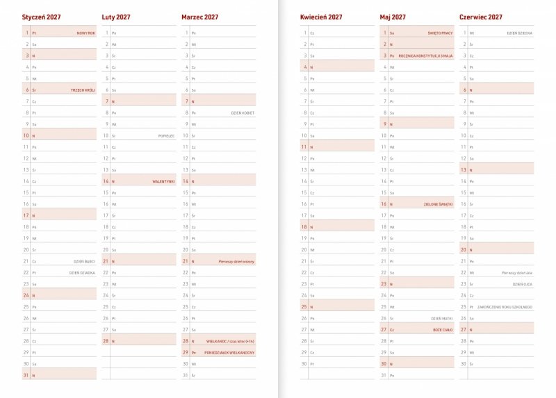 kalendarz od stycznia 2027 do czerwca 2027