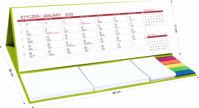 Kalendarz biurkowy z notesami i znacznikami samoprzylepnymi MAXI 2026 seledynowy