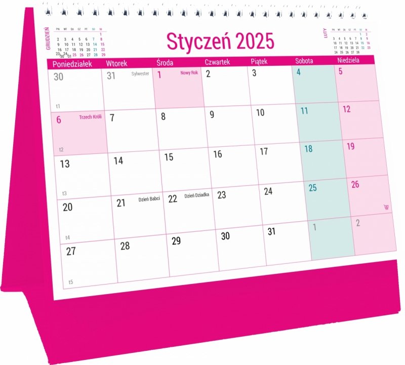 Kalendarz biurkowy PLANO na rok 2025 z dużą ilością miejsca na notatki