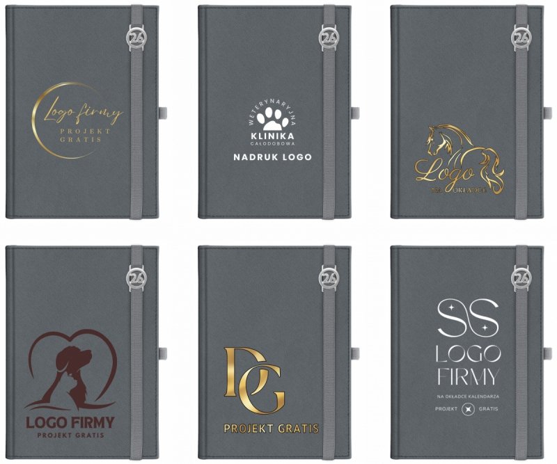 Kalendarz książkowy 2026 B5 dzienny papier chamois wycinane registry oprawa z zamykaniem na gumkę i mocowaniem na długopis ROSSA VIU szara Z NADRUKIEM LOGO