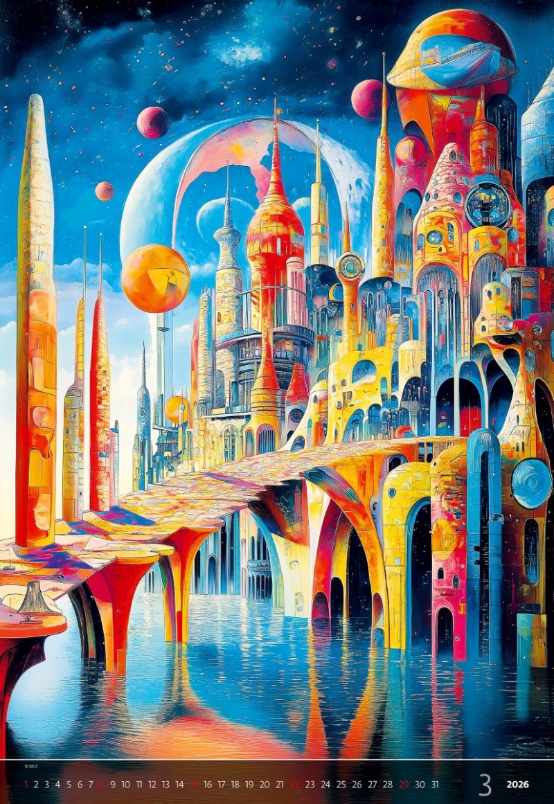 E08 Kalendarz ścienny wieloplanszowy Surreal New Worlds 2026 - exclusive edition Z NADRUKIEM