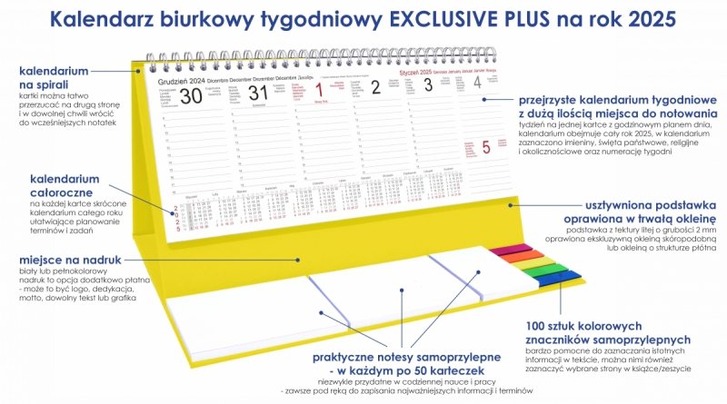 Kalendarz biurkowy stojący na podstawce - kalendarium tygodniowe na rok 2025