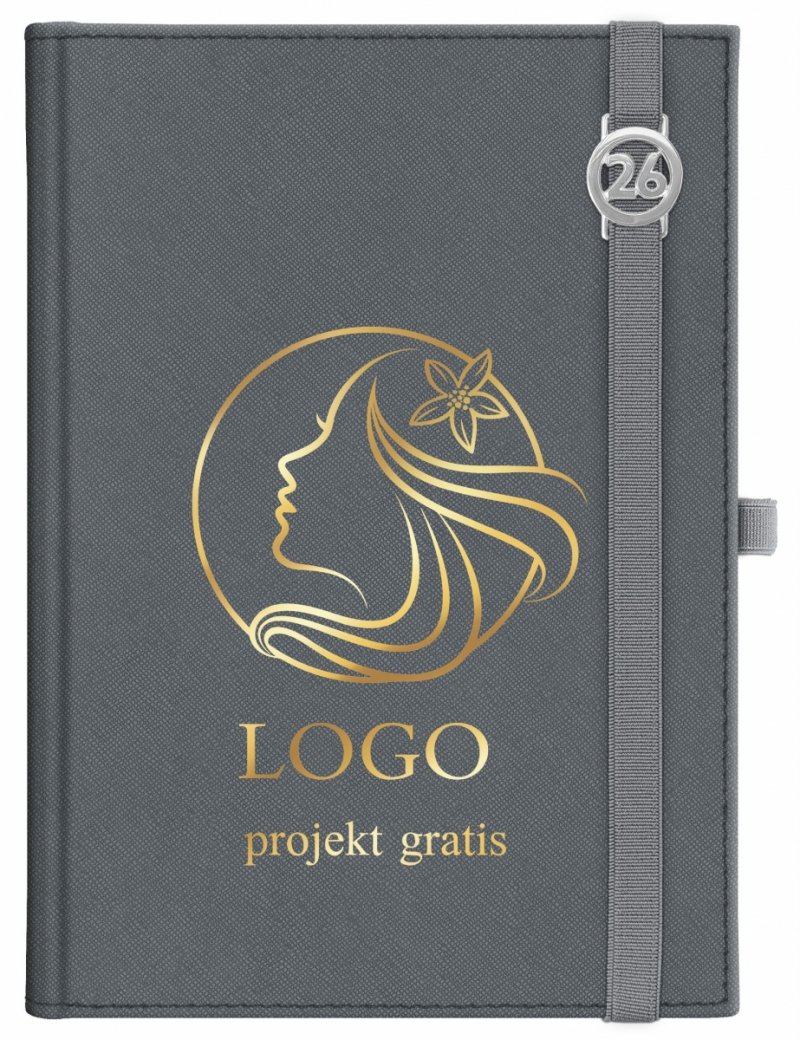 Kalendarz książkowy 2026 B5 dzienny papier chamois wycinane registry oprawa z zamykaniem na gumkę i mocowaniem na długopis ROSSA VIU szara Z NADRUKIEM LOGO
