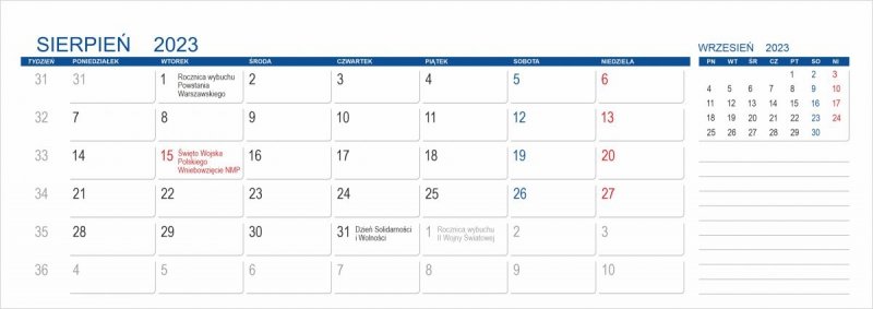 Kalendarium na rok szkolny 2022/2023 do kalendarza biurkowego - sierpień 2023