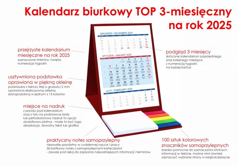 opis kalendarz 3-miesięcznego z notesem i znacznikami
