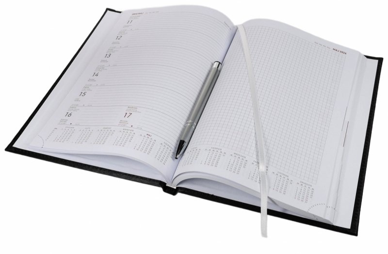 Kalendarz książkowy 2026 B5 TYGODNIOWY Z NOTESEM papier biały drukowane registry oprawa ALUMINIUM szara