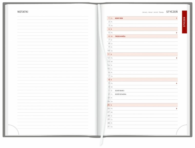 kalendarza A5 dzienny z drukowanymi registrami