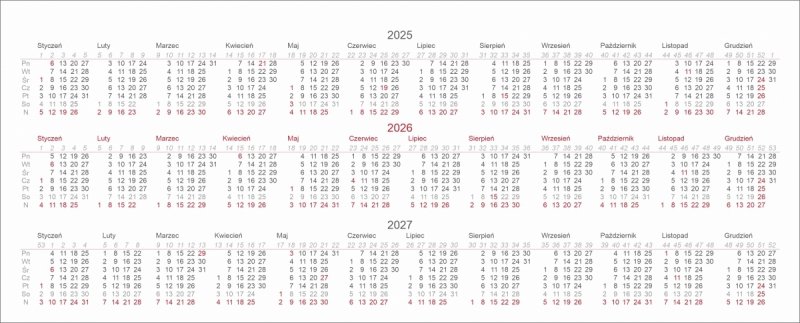 Skrócone kalendarium na rok 2025, 2026, 2027 do kalendarza biurkowego