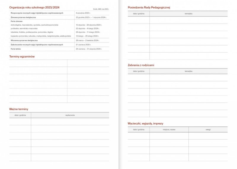 kalendarz książkowy z tabelami dla pedagogów