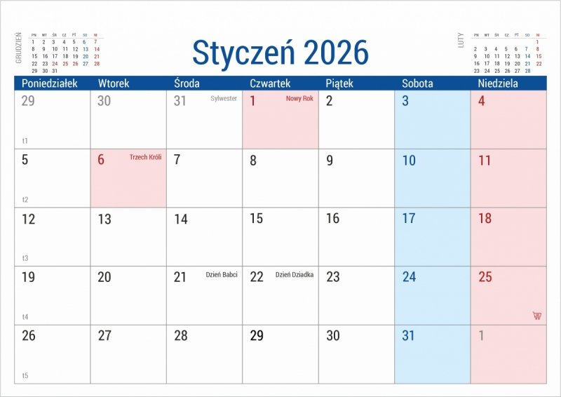 kalendarz na podstawce sztywnej, na spirali, biurkowy 2026