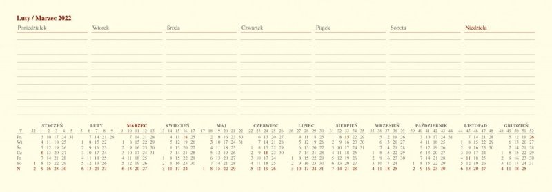 Kalendarz biurkowy tygodniowy z planem zajęć i skróconym kalendarium roku 2022