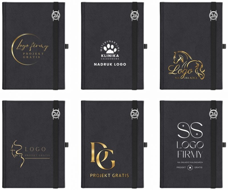 Kalendarz książkowy 2026 B5 dzienny papier chamois wycinane registry oprawa z zamykaniem na gumkę i mocowaniem na długopis ROSSA VIU czarna Z NADRUKIEM LOGO