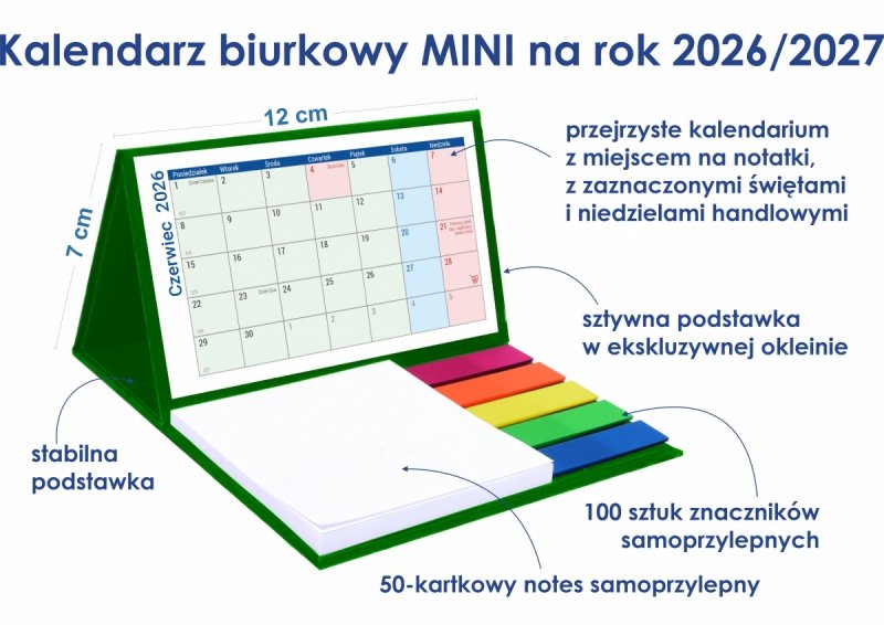 opis i wymiary kalendarza biurkowego szkolnego na rok 2026/27