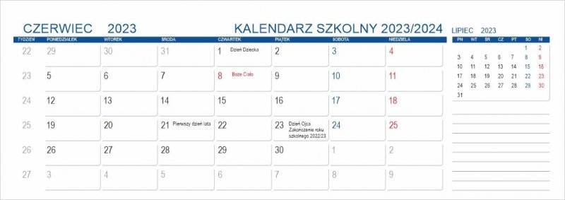 Kalendarz szkolny od czerwca 2023 do czerwca 2024 z planem lekcji
