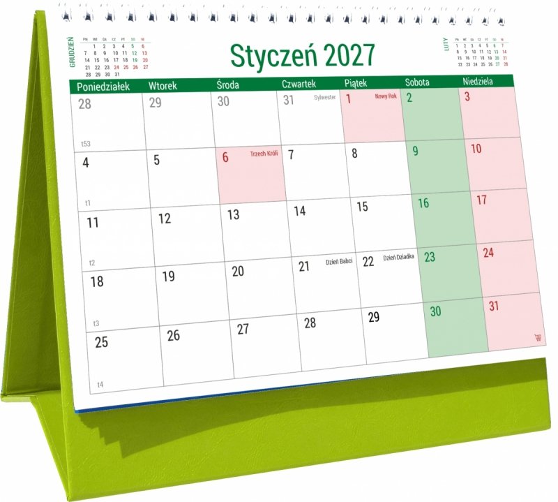 Kalendarz biurkowy PLANO na rok 2027 z dużą ilością miejsca na notatki