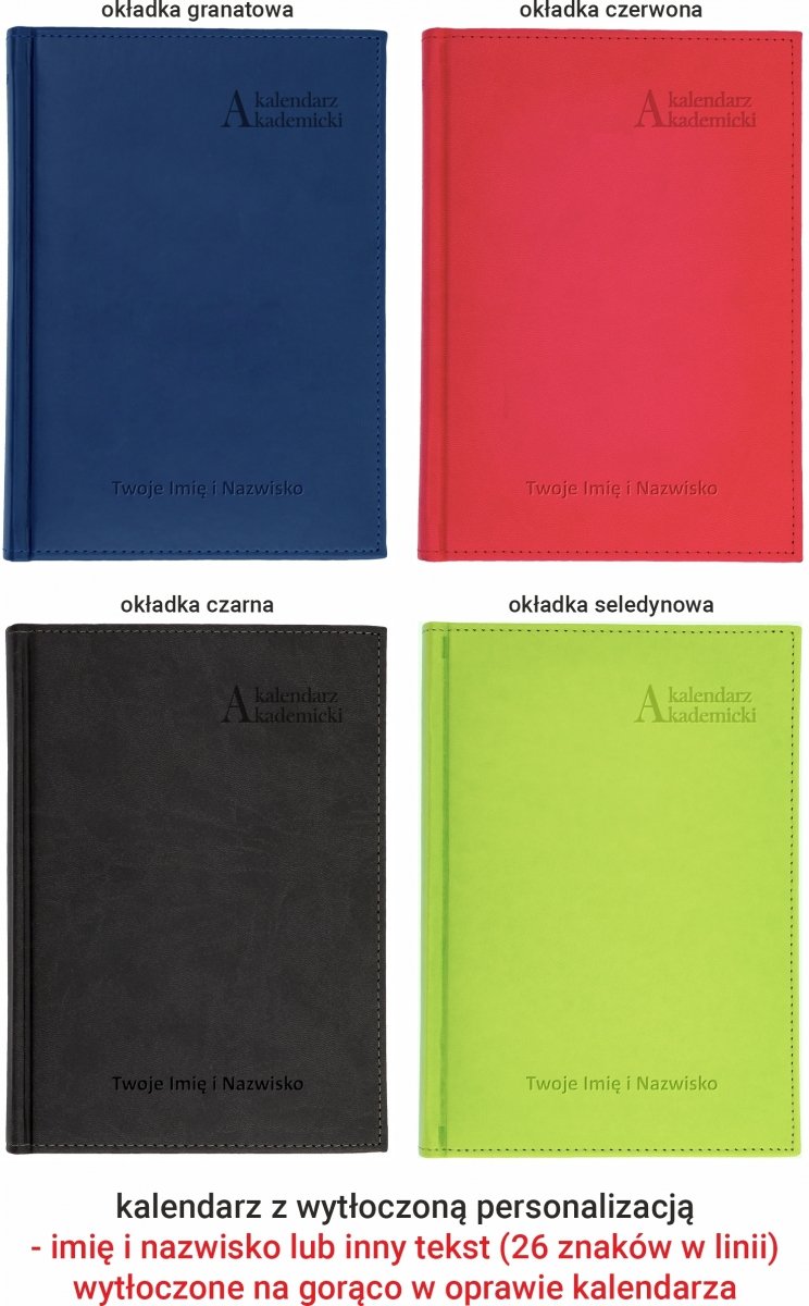 kalendarz tygodniowy z wytłoczonym imieniem i nazwiskiem na okładce, akademicki