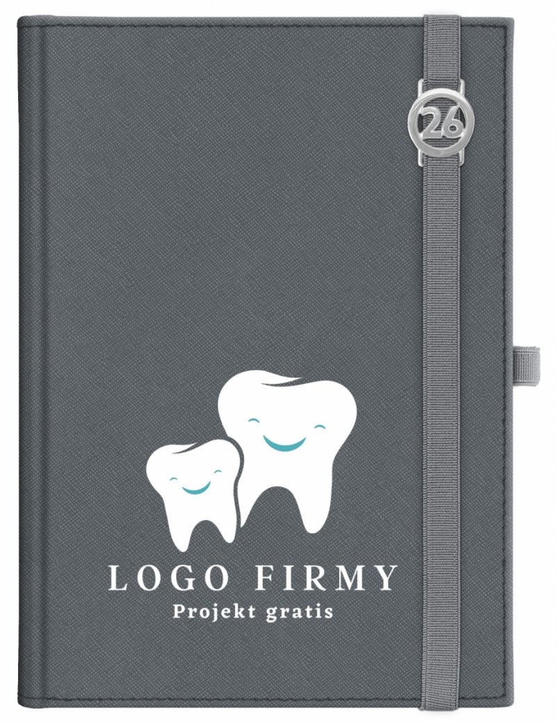 Kalendarz książkowy 2026 A5 dzienny papier chamois wycinane registry oprawa z zamykaniem na gumkę i mocowaniem na długopis ROSSA VIU szara  Z NADRUKIEM LOGO