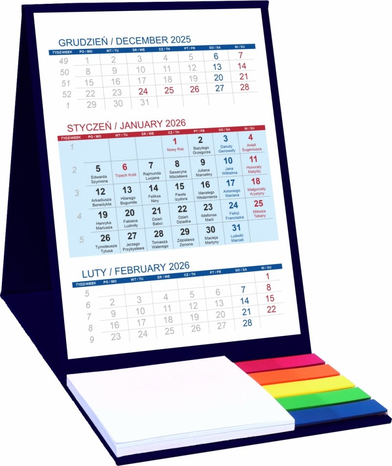 Kalendarz biurkowy z notesem i znacznikami TOP 3-miesięczny 2026 granatowy