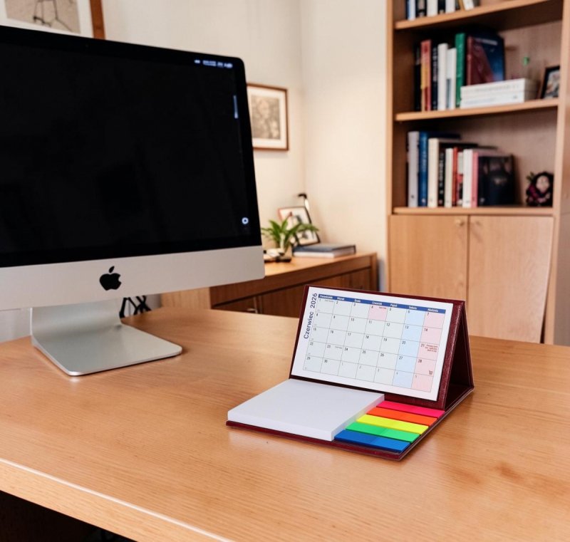 kalendarz do postawienia na biurku z notesami i znacznikami na rok szkolny 2026/2027