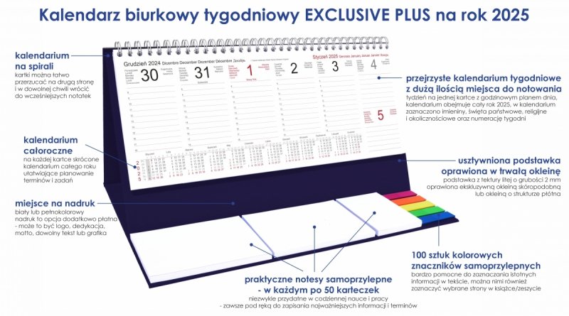 Kalendarz biurkowy stojący na podstawce - kalendarium tygodniowe na rok 2025