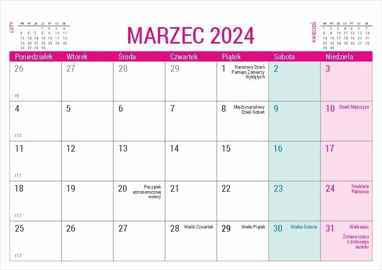 Kalendarz biurkowy PLANO dla uczniów i nauczycieli kartka z kalendarium - marzec 2024